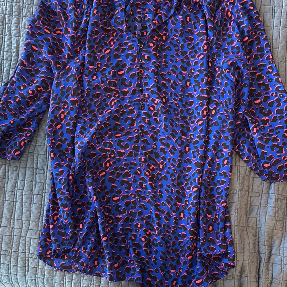 Torrid Blue and Pink Graphic Buttoned Blouse with Notched Collar